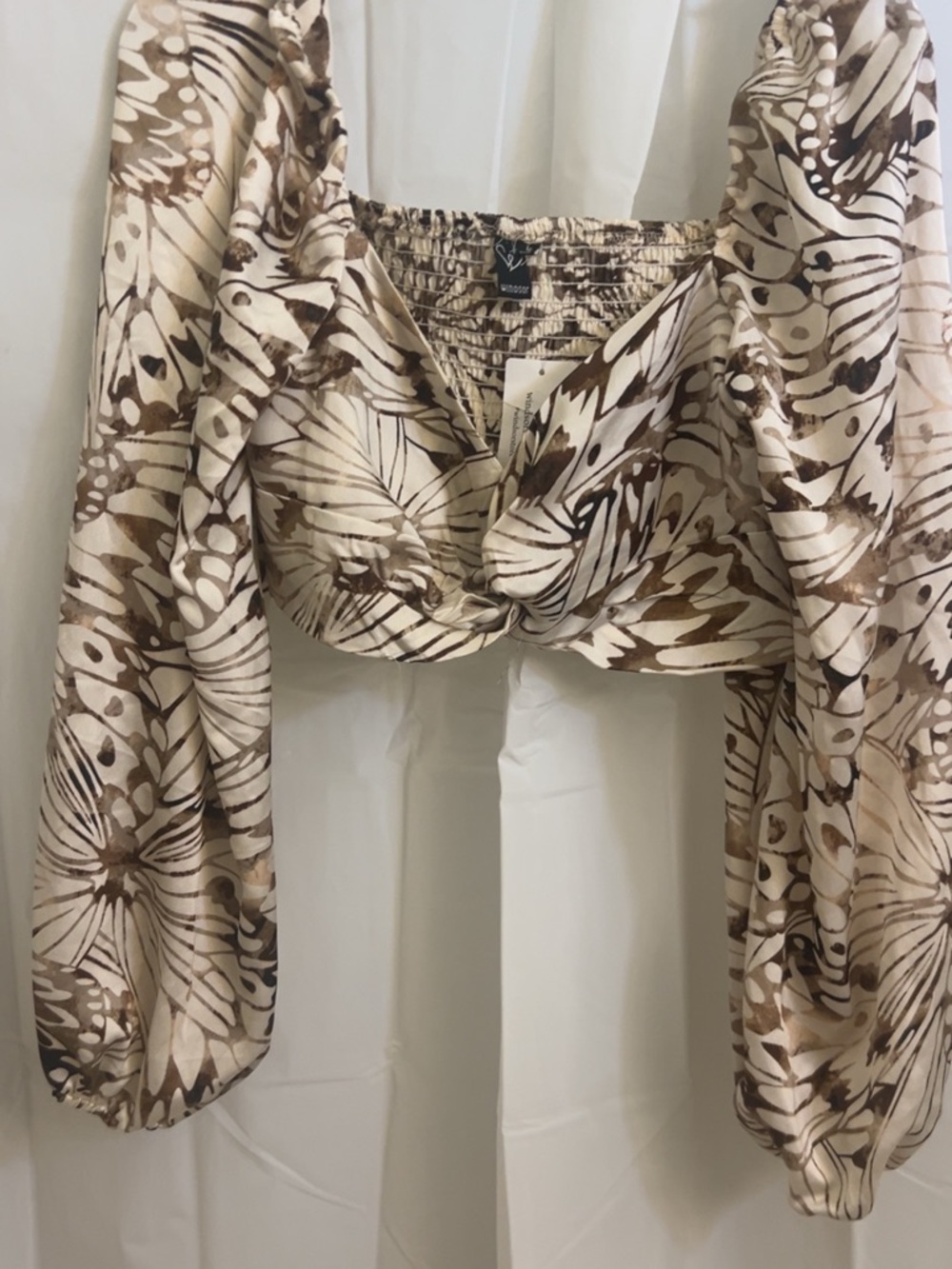 Windsor Brown & Cream Printed Long Sleeve Twist-Front Crop Top